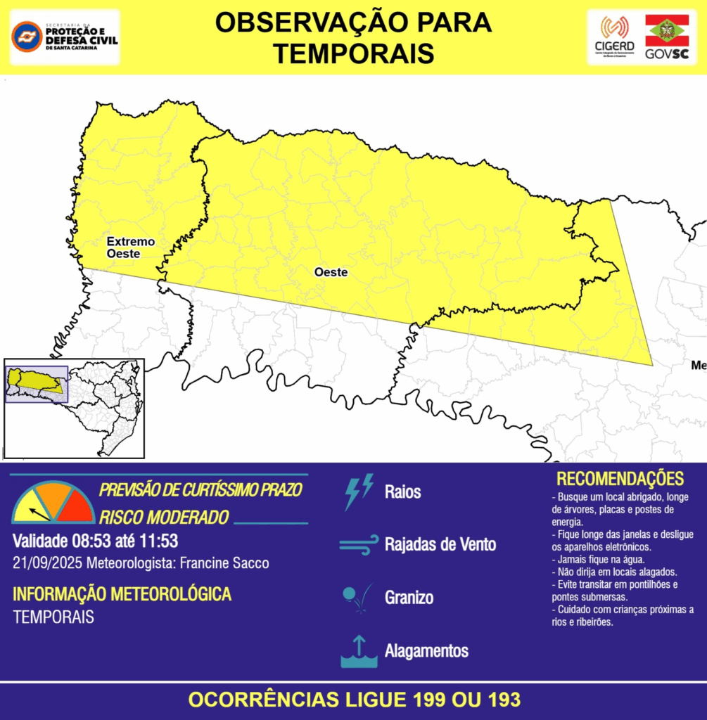 Alerta de Temporais com Raios, Rajadas de Vento, Granizo e Alagamentos - 21/09 08:53