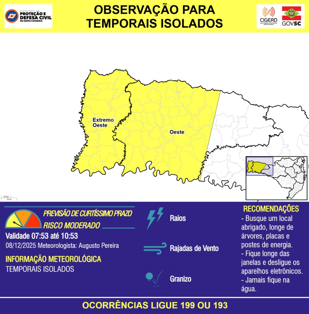 Previsão do Tempo: Temporais Isolados com Raios, Rajadas de Vento e Granizo - Alerta para Regiões de Santa Catarina