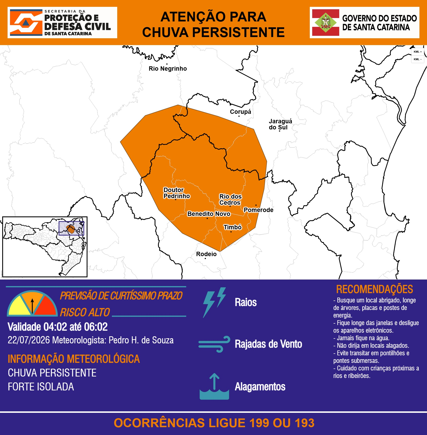 ATENÇÃO – 22/07 04:02 – CHUVA PERSISTENTE de intensidade forte isolada com RAIOS, RAJADAS DE VENTO e ALAGAMENTOS nas próximas 2 horas