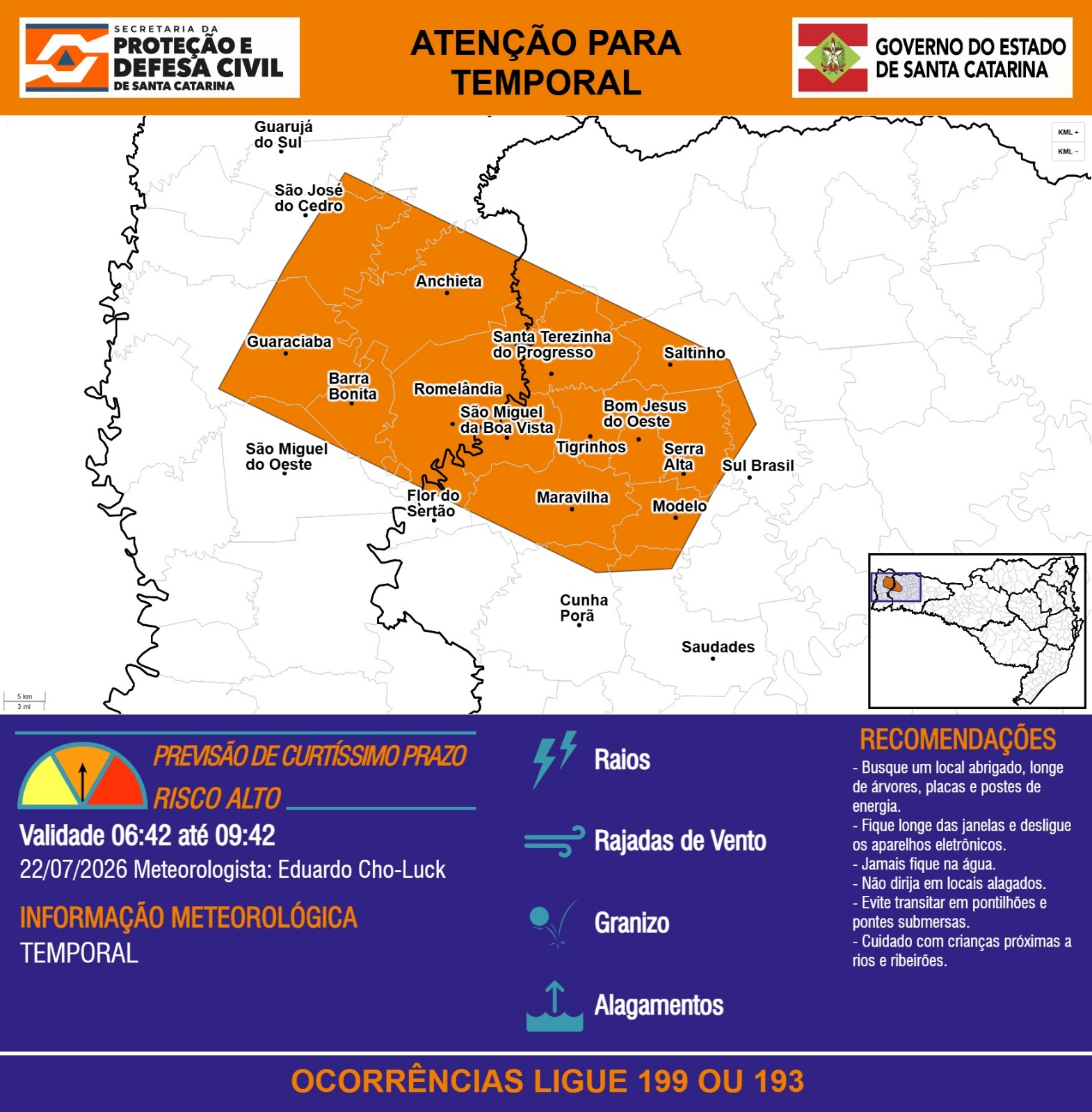 ATENÇÃO – 22/07 06:42 – TEMPORAL com RAIOS, RAJADAS DE VENTO, GRANIZO e ALAGAMENTOS nas próximas 3 horas.