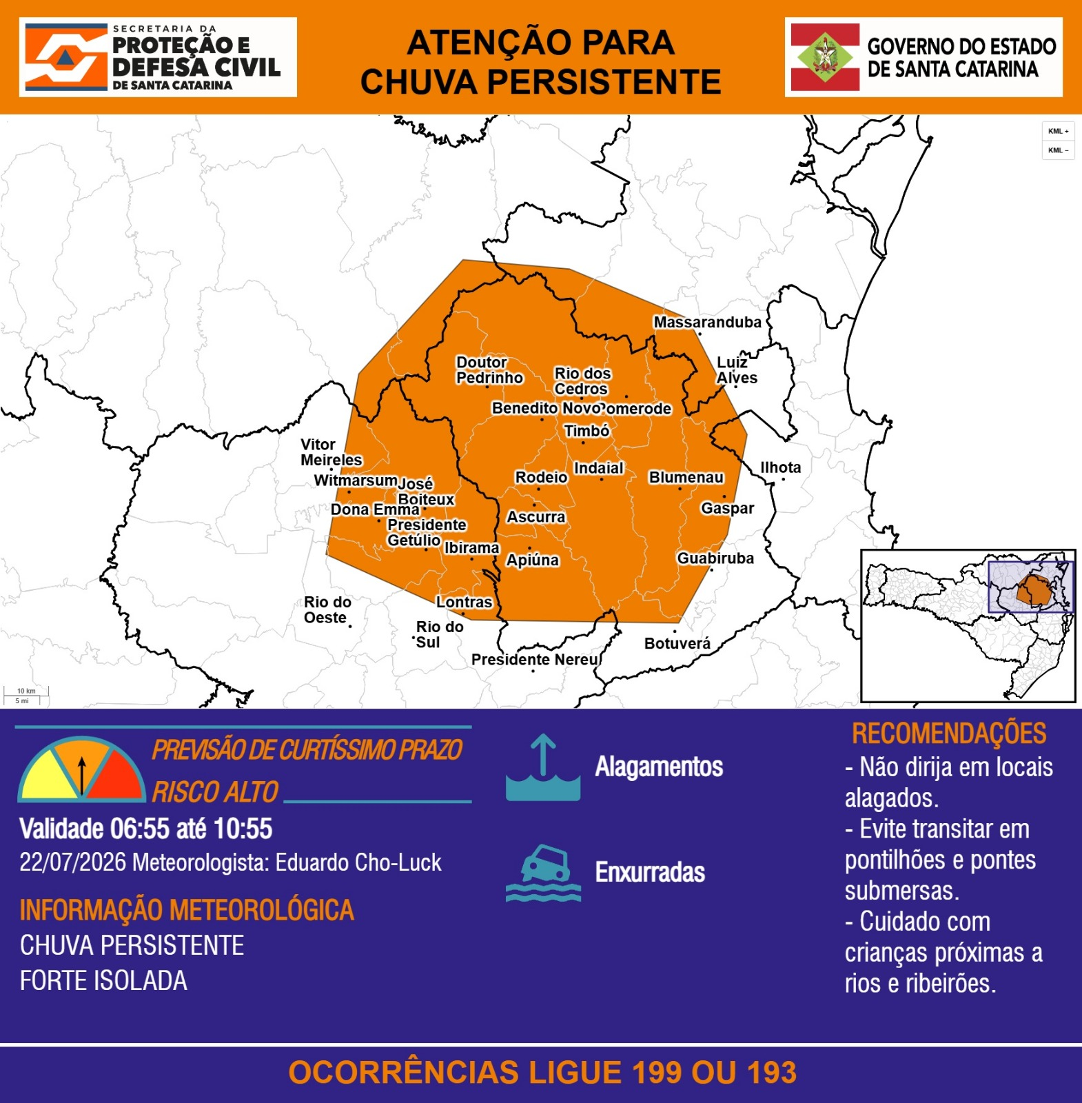 ATENÇÃO – 22/07 06:55 – CHUVA PERSISTENTE de intensidade forte isolada com ALAGAMENTOS e risco de ENXURRADAS nas próximas 4 horas.