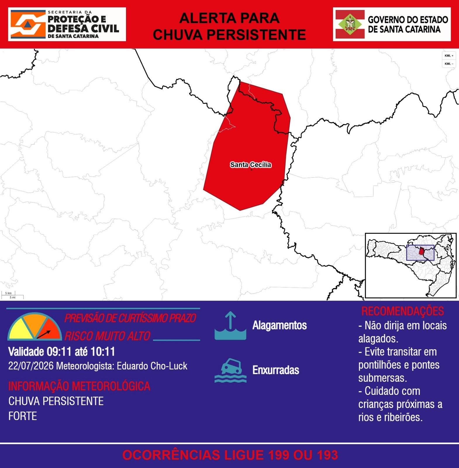 ALERTA – 22/07 09:11 – CHUVA PERSISTENTE de intensidade forte com ALAGAMENTOS e risco de ENXURRADAS na próxima hora.